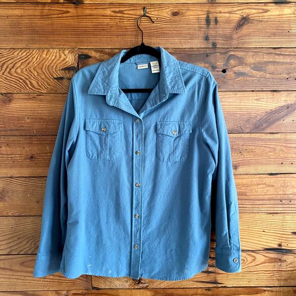 L.L. Bean Chamoise Vintage Button-Up Shirt Teal Green Blue Pockets Size Large - Picture 1 of 5